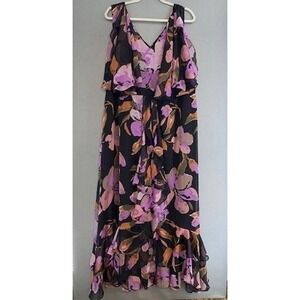 Coldwater Creek Floral Ruffle Maxi Dress Purple Orange Black Plus 22W V-Neck